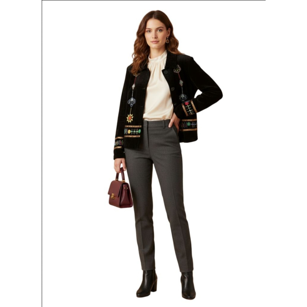 Women's Allure Black Multi-color Embroidered Velvet Blazer S